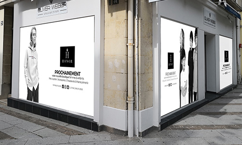 Maquette graphique pour l'impression d'adhésifs de la vitrine Honor à Compiègne